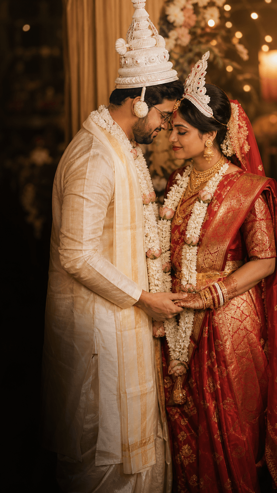 A Bengali newlywed couple sharing a quiet moment after their wedding ceremony