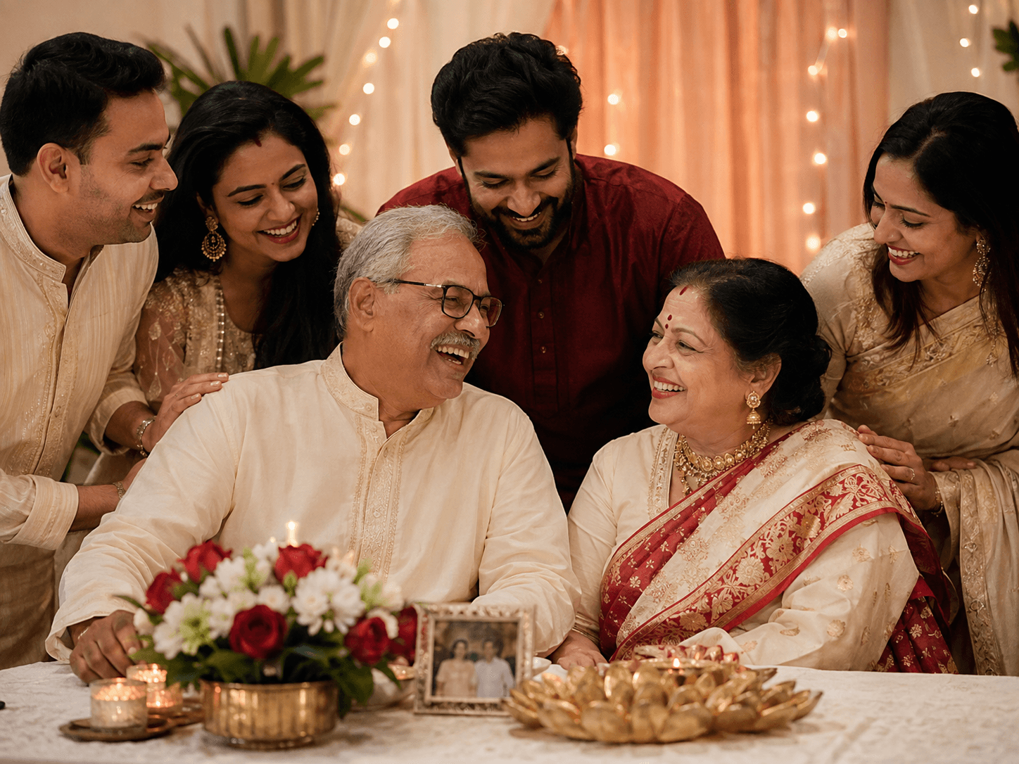 Illustrative anniversary scene with a couple and their family