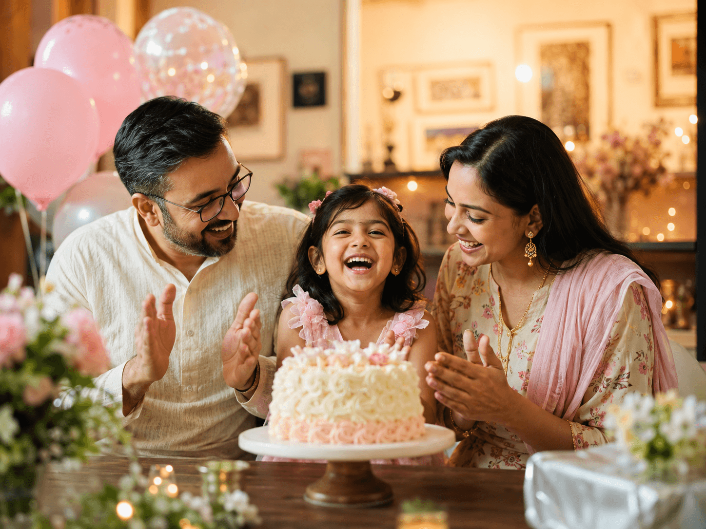 Illustrative birthday scene with a child and parents