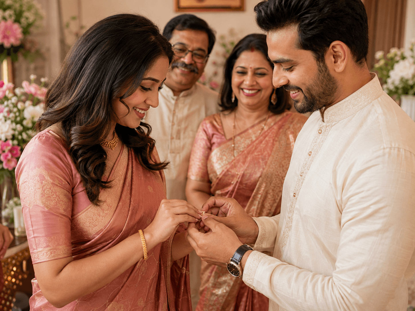 Illustrative engagement scene with a couple exchanging rings