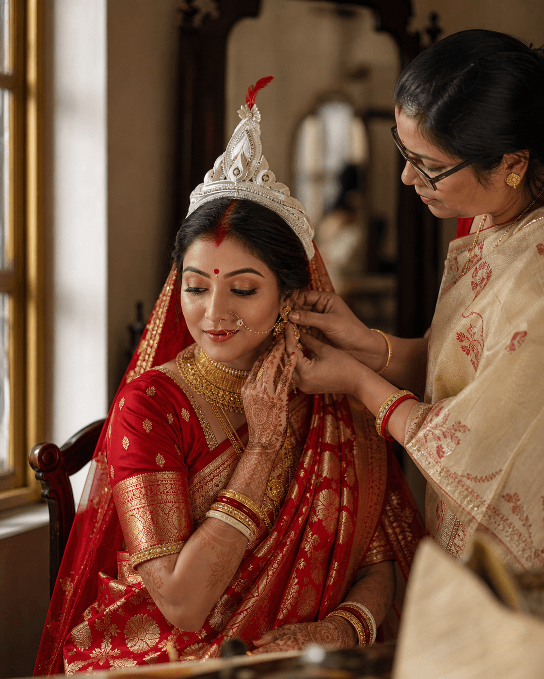 A Bengali bride having her wedding jewelry adjusted beside a window