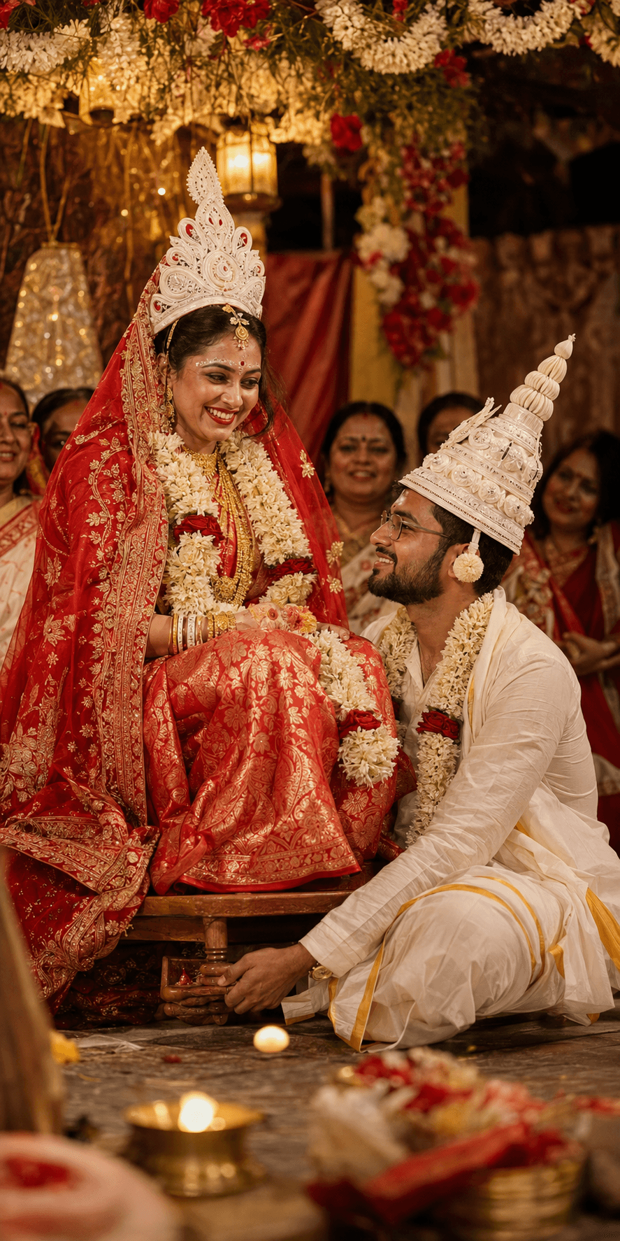 A Bengali bride and groom smiling during their wedding ceremony