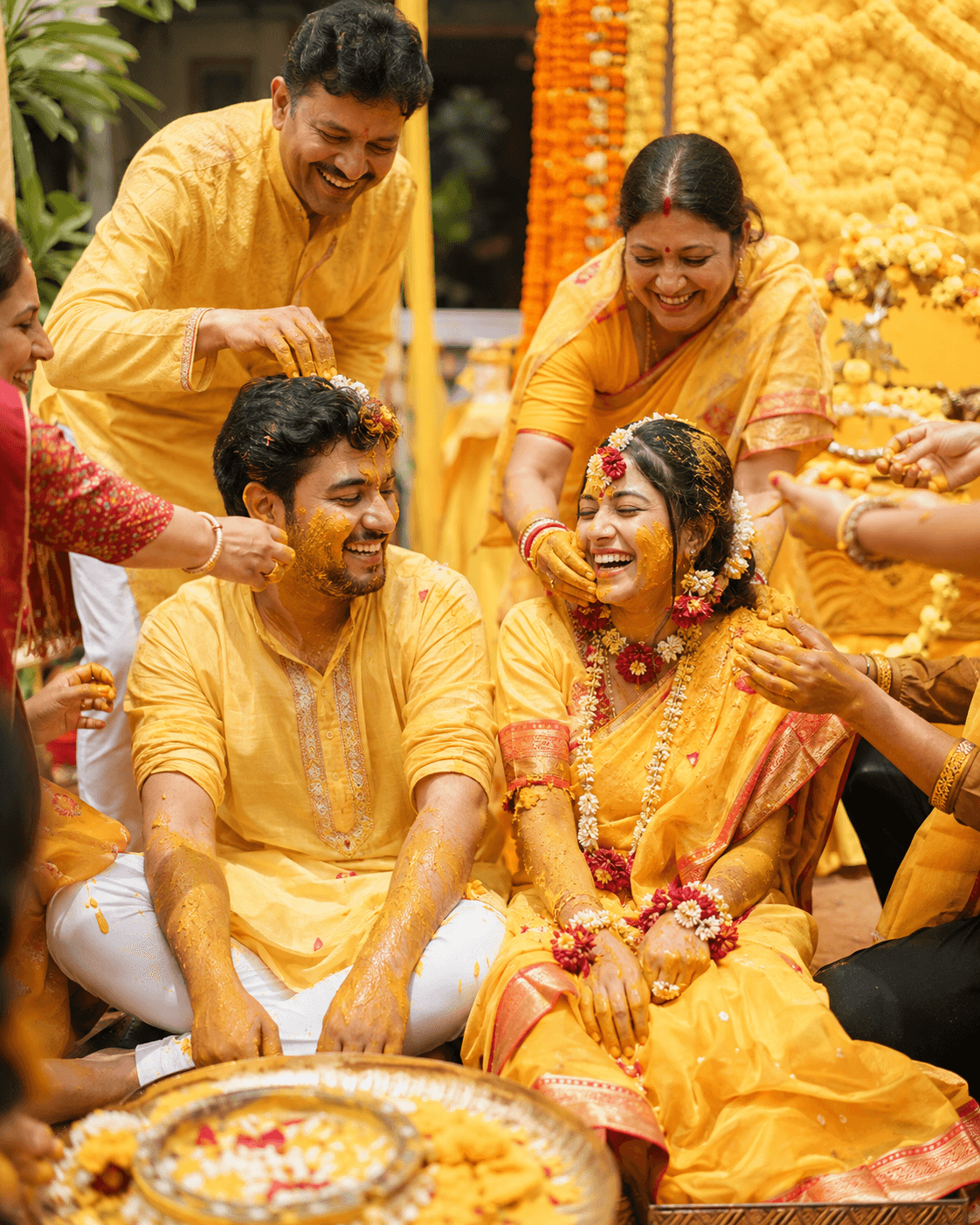 A Bengali couple laughing with family during their gaaye holud celebration