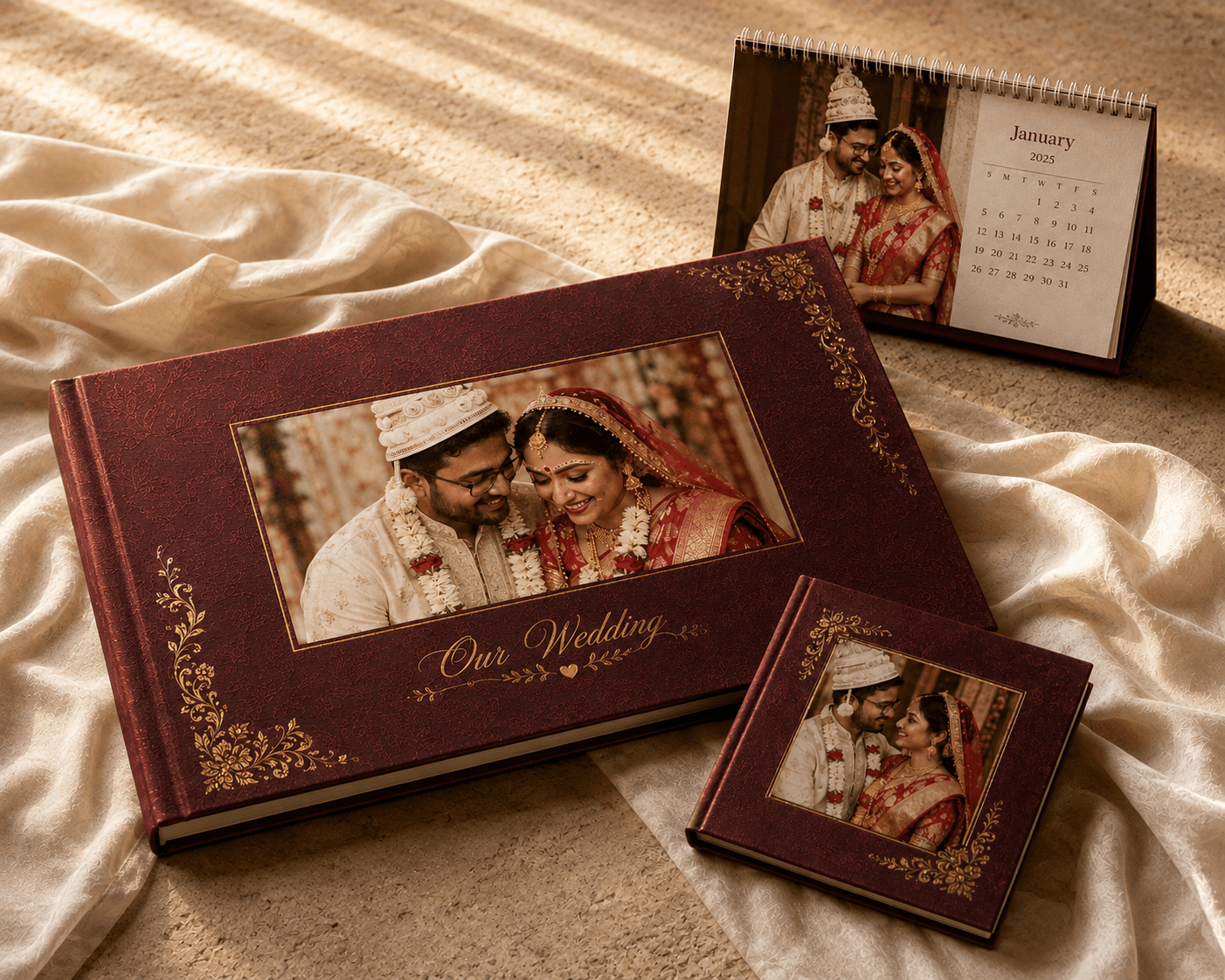 Wedding album set mockup with a large landscape album, matching small photo book, and desk calendar on ivory fabric
