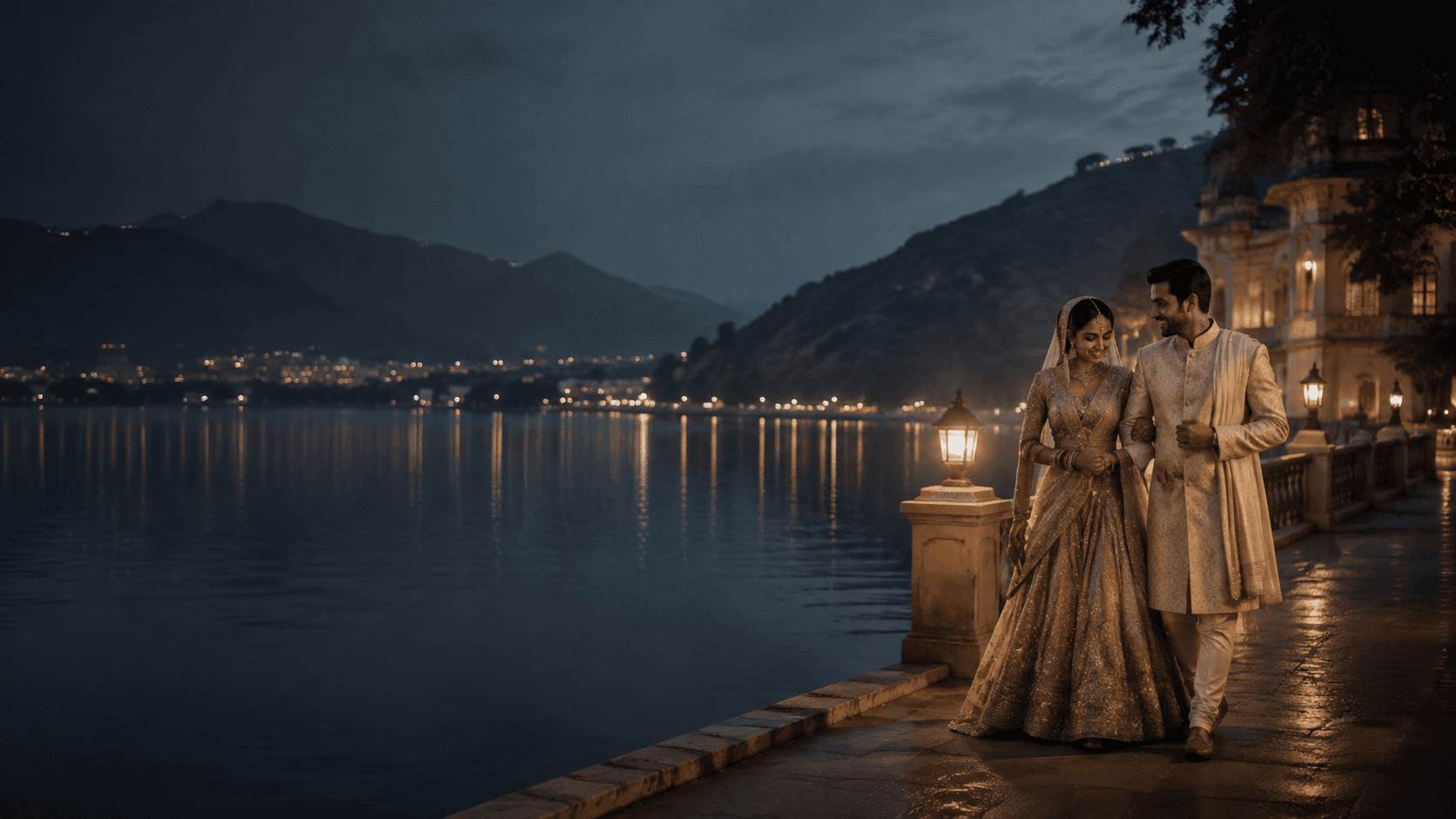 A newlywed couple walking beside a lake in the evening